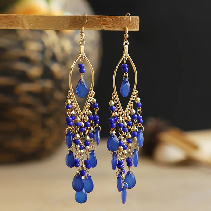 Ethnic Long Acrylic Water Drop Earrings for Women Retro Boho Gold Color Hollow Tassel Earrings Bijoux Femme Accessories