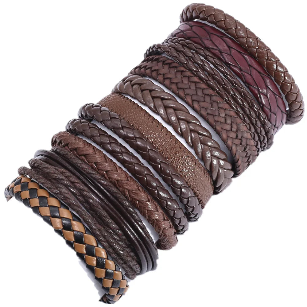 10 Pcs/set Handmade Weave Charm Wrap Leather Mens Bracelets for Women Bangles Femme Homme Male Jewellery Pulseras Mujer 2019