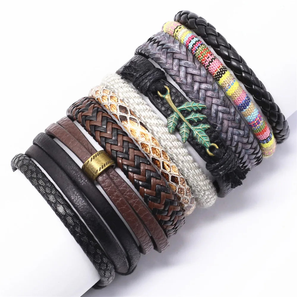 10 Pcs/set Handmade Weave Charm Wrap Leather Mens Bracelets for Women Bangles Femme Homme Male Jewellery Pulseras Mujer 2019