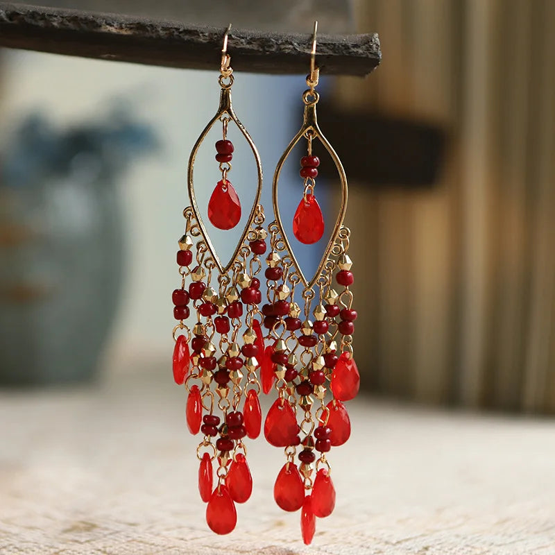 Ethnic Long Acrylic Water Drop Earrings for Women Retro Boho Gold Color Hollow Tassel Earrings Bijoux Femme Accessories