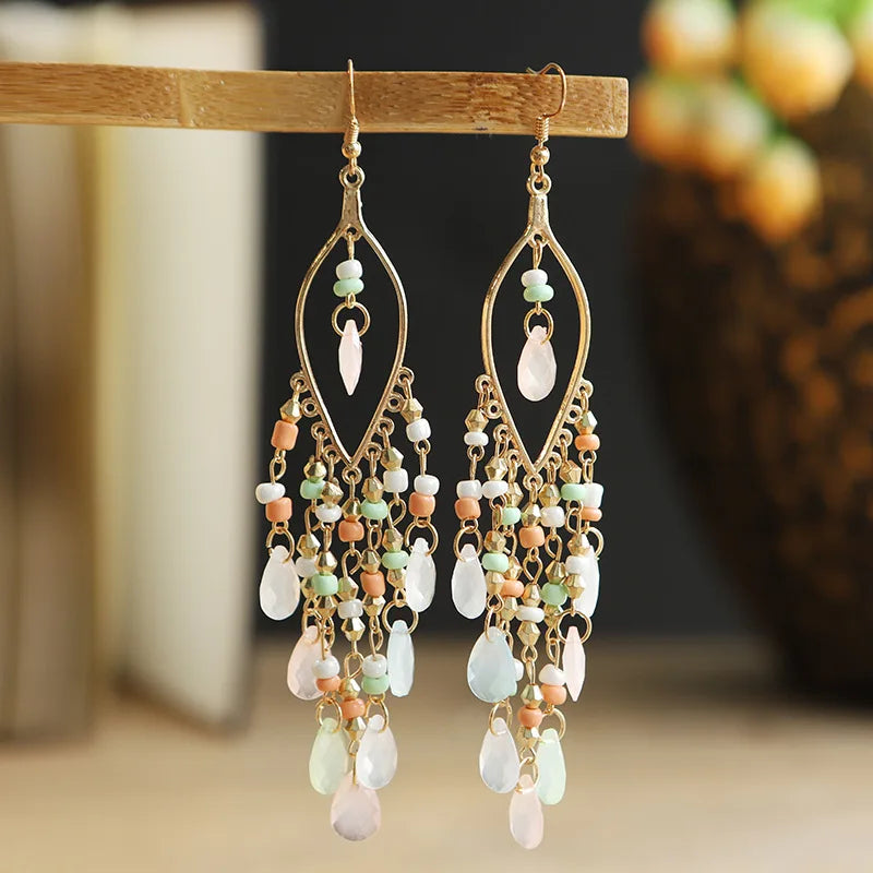 Ethnic Long Acrylic Water Drop Earrings for Women Retro Boho Gold Color Hollow Tassel Earrings Bijoux Femme Accessories