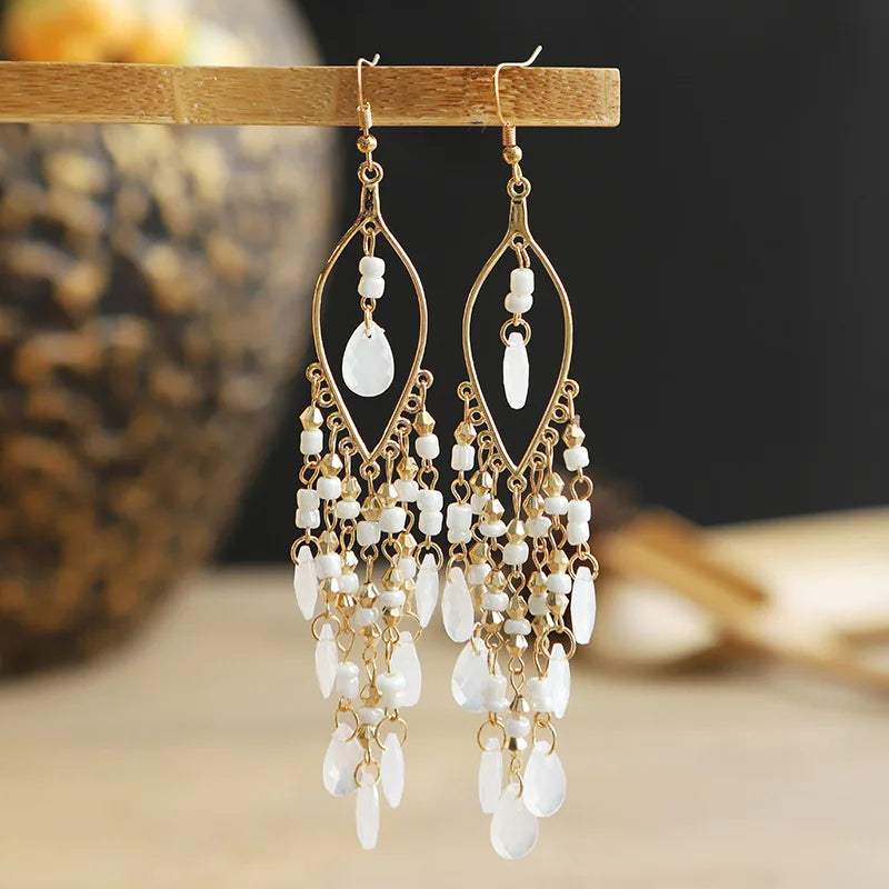 Ethnic Long Acrylic Water Drop Earrings for Women Retro Boho Gold Color Hollow Tassel Earrings Bijoux Femme Accessories