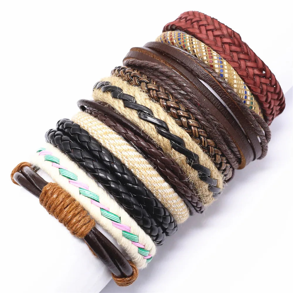 10 Pcs/set Handmade Weave Charm Wrap Leather Mens Bracelets for Women Bangles Femme Homme Male Jewellery Pulseras Mujer 2019