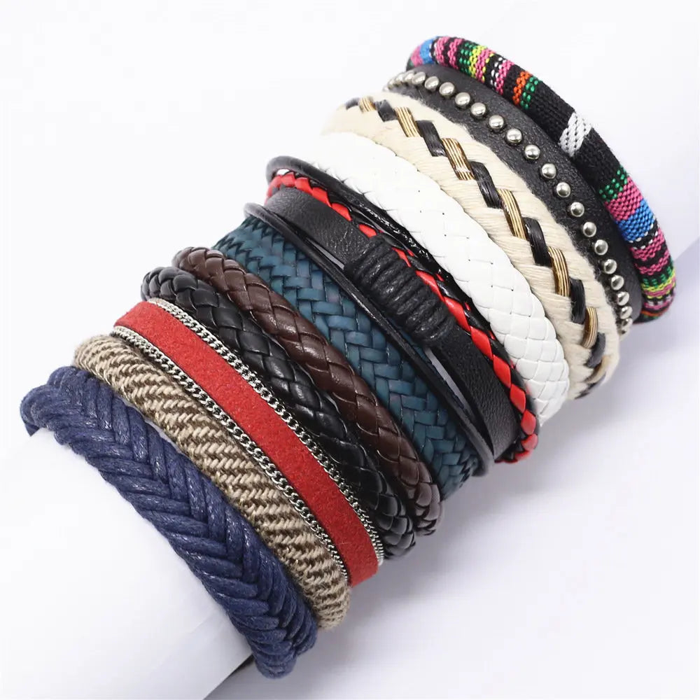 10 Pcs/set Handmade Weave Charm Wrap Leather Mens Bracelets for Women Bangles Femme Homme Male Jewellery Pulseras Mujer 2019