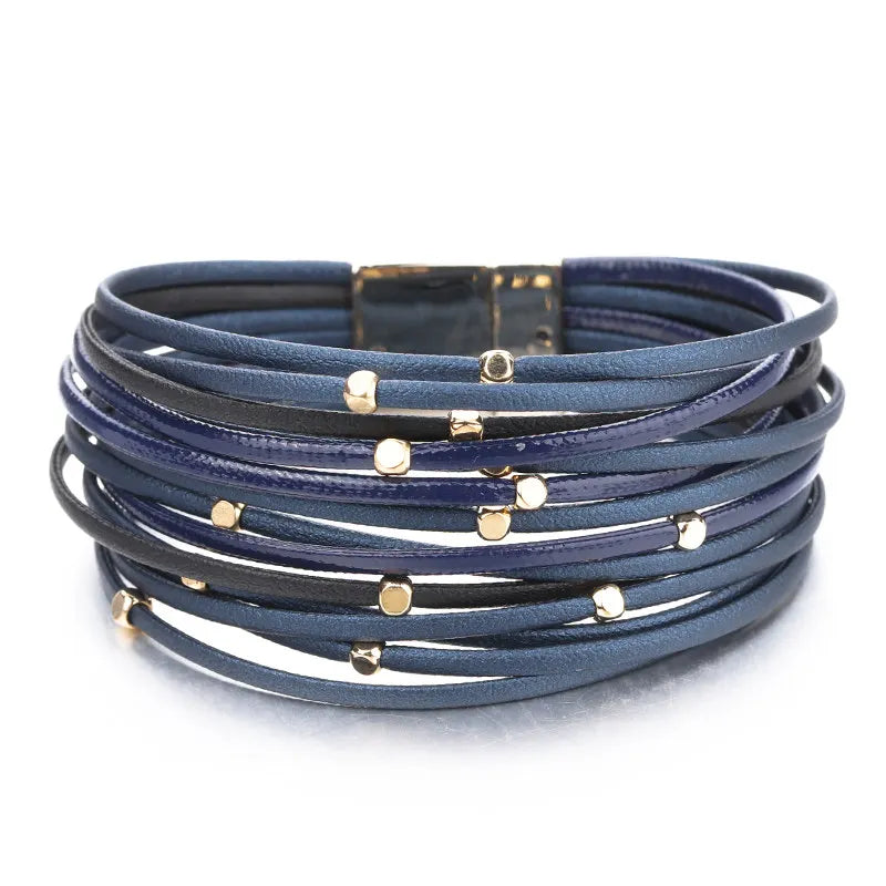 ALLYES Metal Beads Genuine Leather Bracelets For Women Men Fashion Slim Strips Boho Multilayer Wide Wrap Bracelet Femme Jewelry