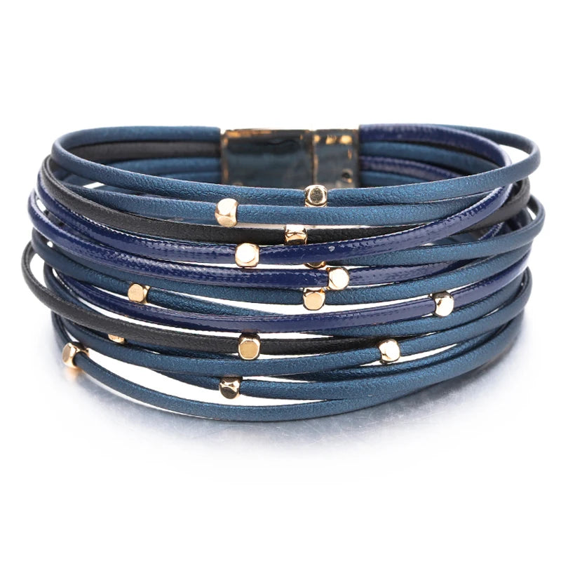 ALLYES Metal Beads Genuine Leather Bracelets For Women Men Fashion Slim Strips Boho Multilayer Wide Wrap Bracelet Femme Jewelry