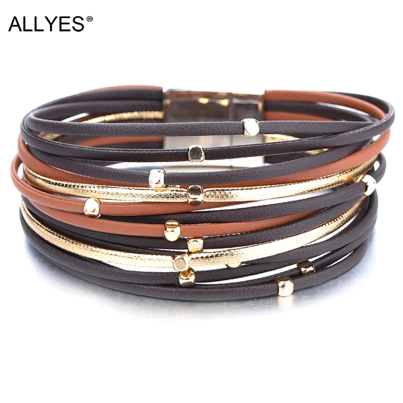 ALLYES Metal Beads Genuine Leather Bracelets For Women Men Fashion Slim Strips Boho Multilayer Wide Wrap Bracelet Femme Jewelry