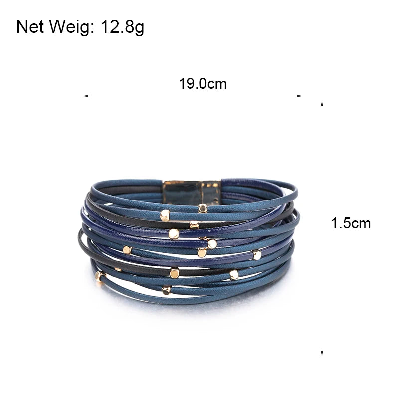 ALLYES Metal Beads Genuine Leather Bracelets For Women Men Fashion Slim Strips Boho Multilayer Wide Wrap Bracelet Femme Jewelry