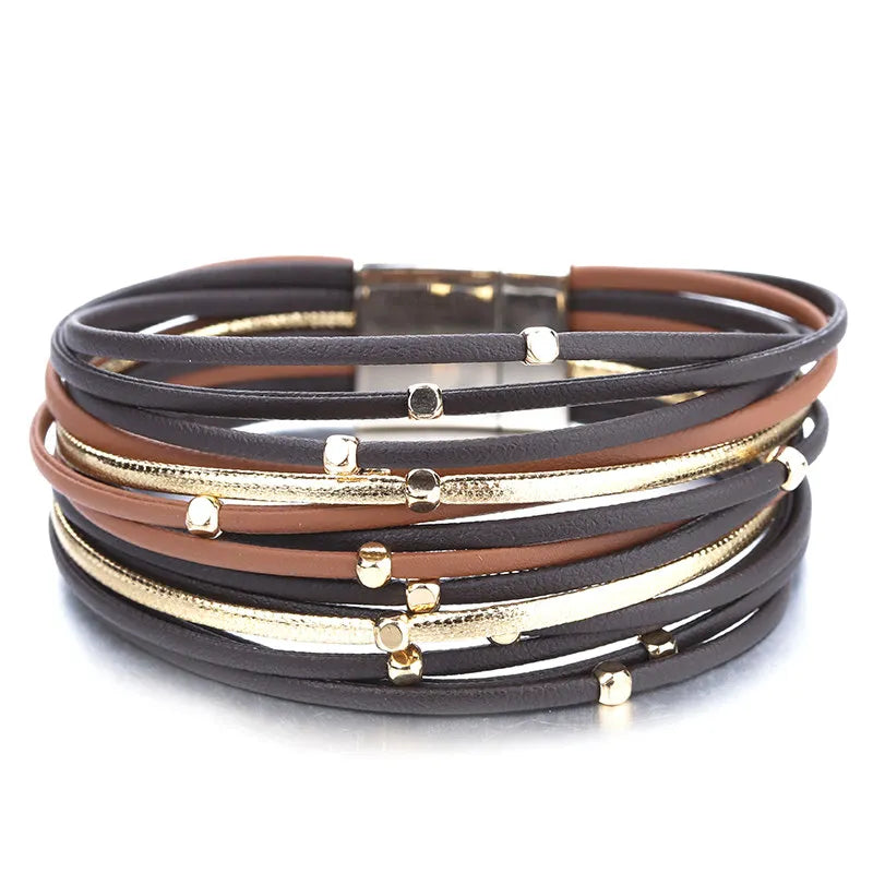 ALLYES Metal Beads Genuine Leather Bracelets For Women Men Fashion Slim Strips Boho Multilayer Wide Wrap Bracelet Femme Jewelry