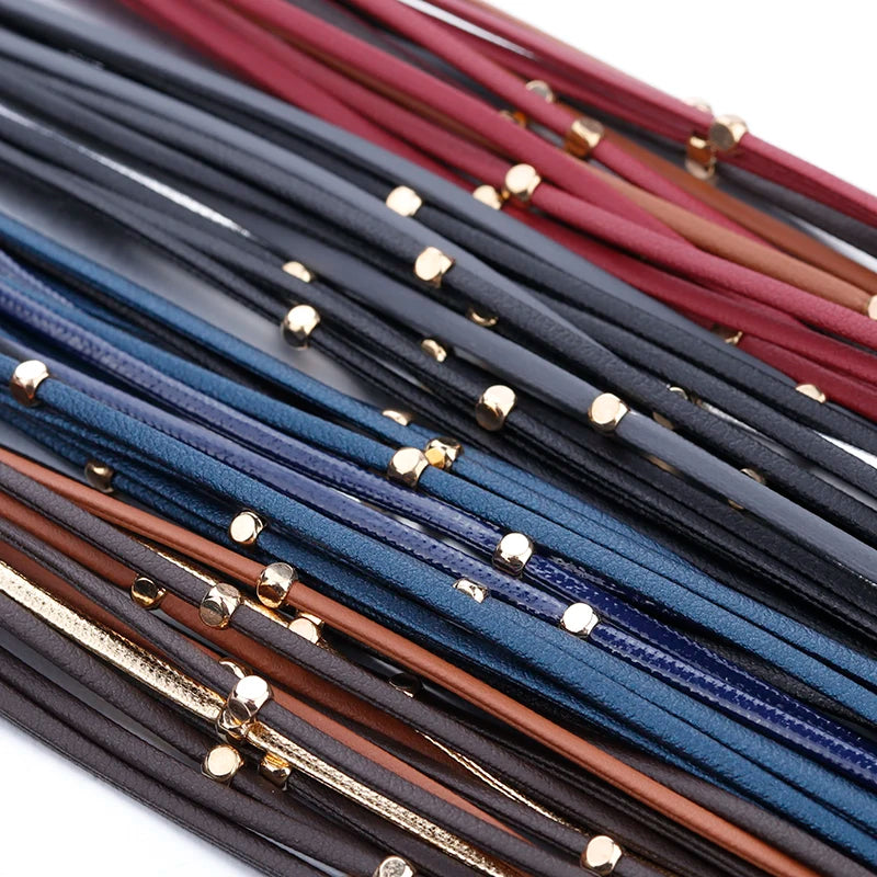 ALLYES Metal Beads Genuine Leather Bracelets For Women Men Fashion Slim Strips Boho Multilayer Wide Wrap Bracelet Femme Jewelry