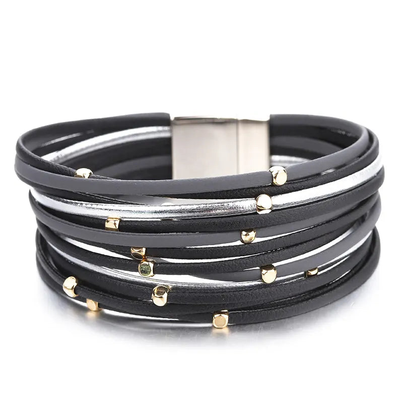 ALLYES Metal Beads Genuine Leather Bracelets For Women Men Fashion Slim Strips Boho Multilayer Wide Wrap Bracelet Femme Jewelry