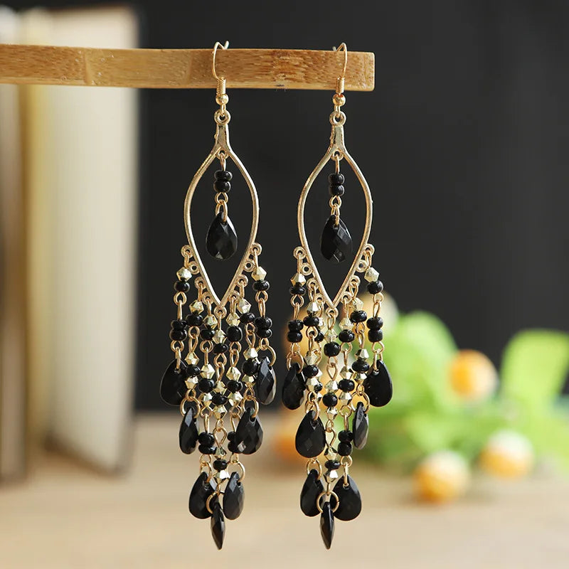 Ethnic Long Acrylic Water Drop Earrings for Women Retro Boho Gold Color Hollow Tassel Earrings Bijoux Femme Accessories