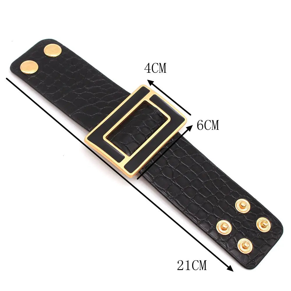 2024 New Fashion Brindle Wide Leather Bracelet for Women Black White Geometric Metal Bracelet Wrap Charm Jewelry Femme Gift