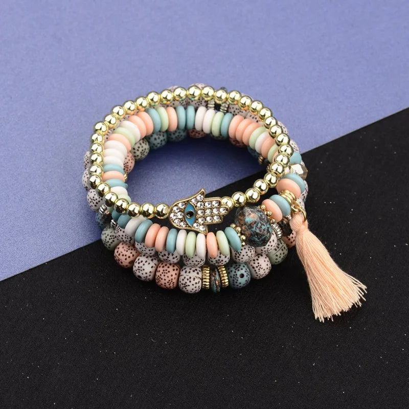 Vintage Bohemia Women Bracelets Set Charm Hand Stone Beads Tassel Pendents Bracelets Pour Les Femmes 4Pcs/Lot