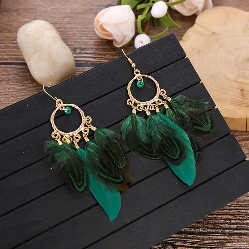 Bohemian Ethnic Purple Feather Earrings for Women Creative Simple Round Beads Gold Color Metal Dangle Earrings Boho Bijoux Femme