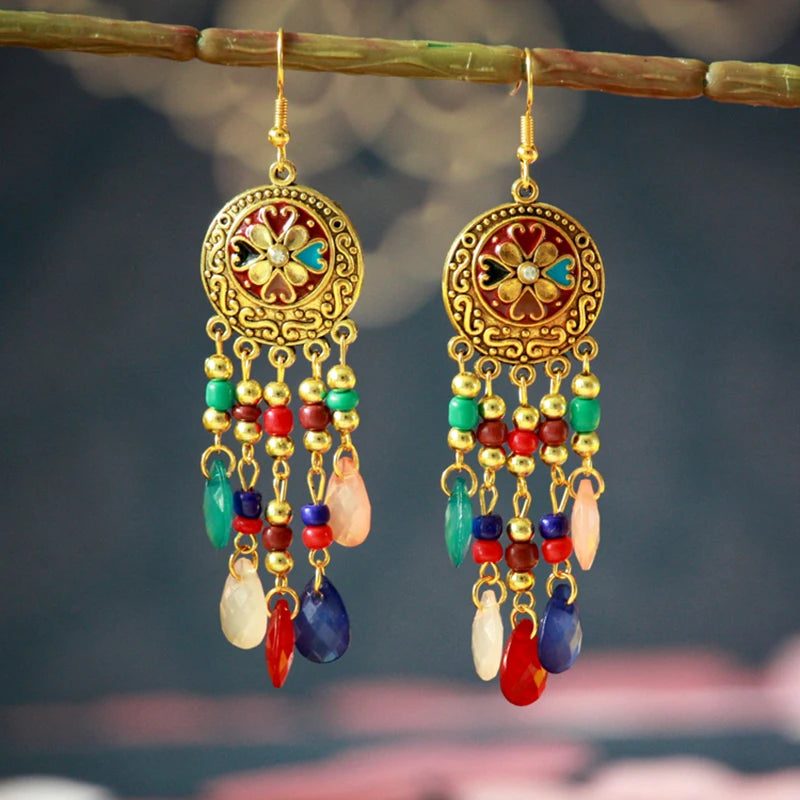 Ethnic Long Acrylic Water Drop Earrings for Women Retro Boho Gold Color Hollow Tassel Earrings Bijoux Femme Accessories