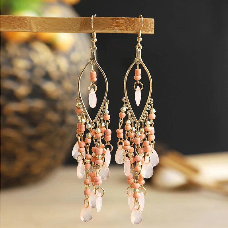 Ethnic Long Acrylic Water Drop Earrings for Women Retro Boho Gold Color Hollow Tassel Earrings Bijoux Femme Accessories