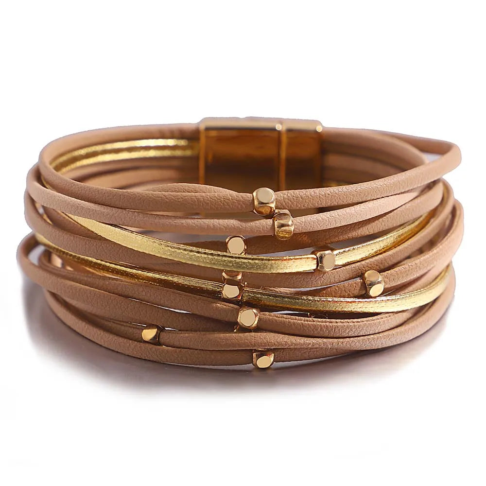 ALLYES Metal Beads Genuine Leather Bracelets For Women Men Fashion Slim Strips Boho Multilayer Wide Wrap Bracelet Femme Jewelry