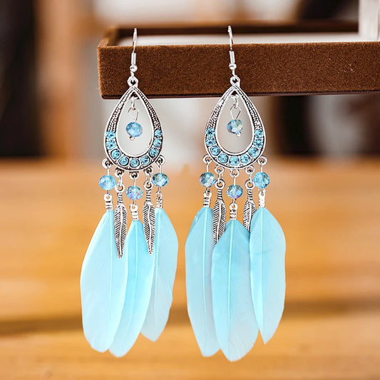 New Vintage Rhinestone Feather Tassel Earrings Ethnic Long Beads Alloy Leaf Earrings Bijoux Femme Wedding Boheme