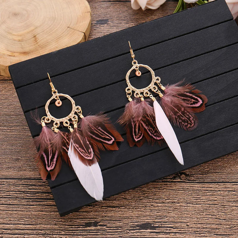 Bohemian Ethnic Purple Feather Earrings for Women Creative Simple Round Beads Gold Color Metal Dangle Earrings Boho Bijoux Femme