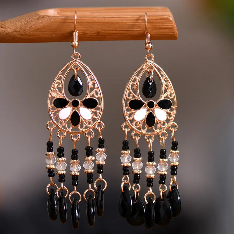 Ethnic Long Acrylic Water Drop Earrings for Women Retro Boho Gold Color Hollow Tassel Earrings Bijoux Femme Accessories