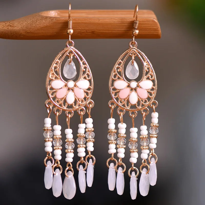 Ethnic Long Acrylic Water Drop Earrings for Women Retro Boho Gold Color Hollow Tassel Earrings Bijoux Femme Accessories