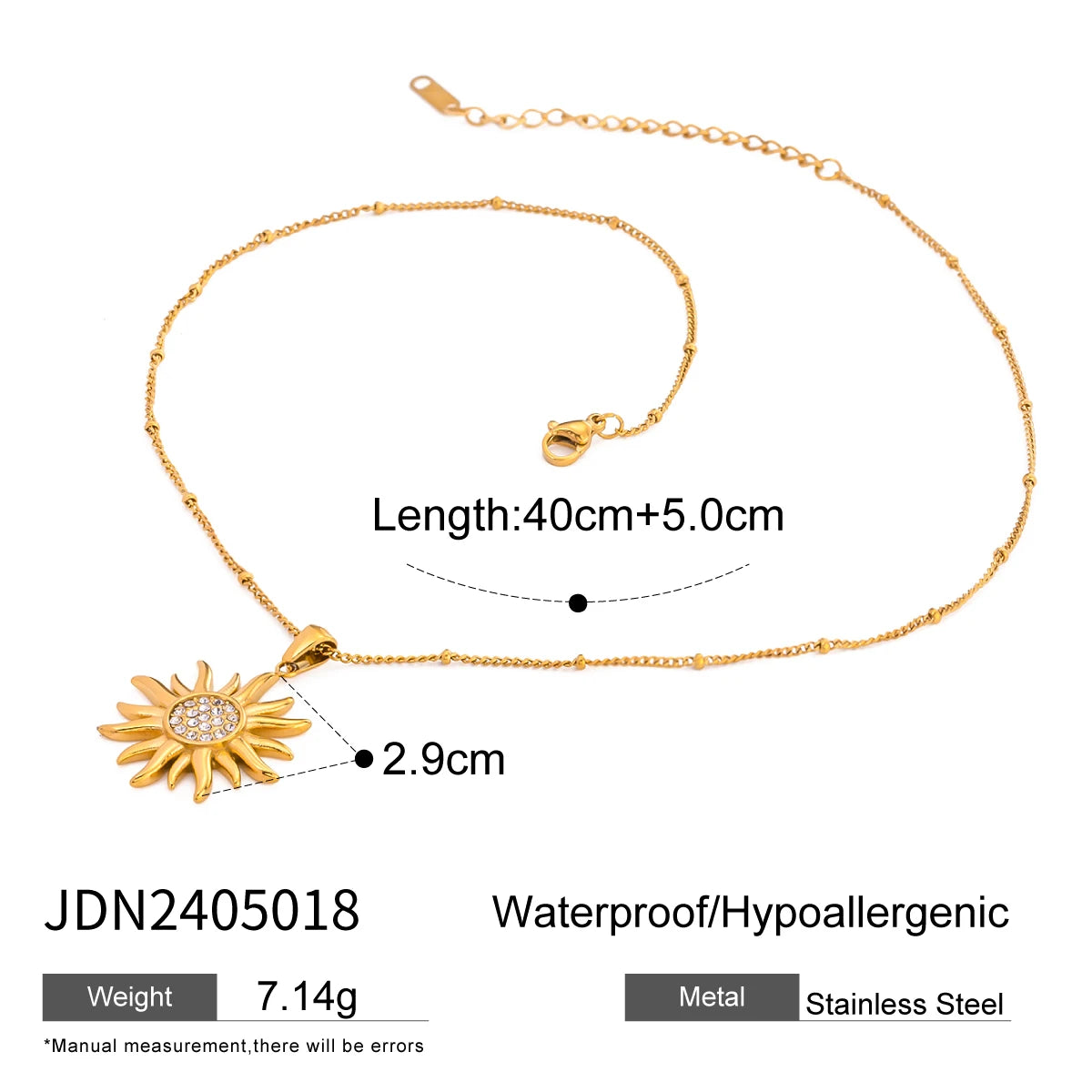 Trendy 18k Gold Plated Stainless Steel Sun Shape Rhinestone Pendant Necklace and Earrings Set Bijoux Femme Waterproof Jewelry