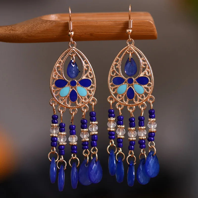 Ethnic Long Acrylic Water Drop Earrings for Women Retro Boho Gold Color Hollow Tassel Earrings Bijoux Femme Accessories