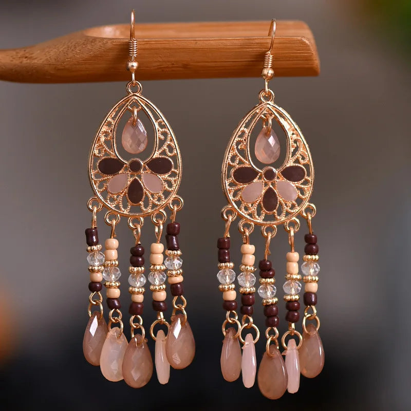 Ethnic Long Acrylic Water Drop Earrings for Women Retro Boho Gold Color Hollow Tassel Earrings Bijoux Femme Accessories