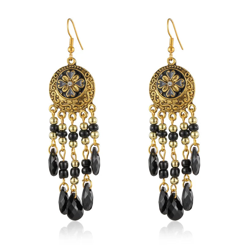 Ethnic Long Acrylic Water Drop Earrings for Women Retro Boho Gold Color Hollow Tassel Earrings Bijoux Femme Accessories