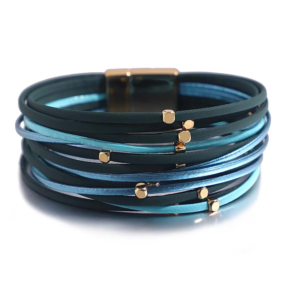 ALLYES Metal Beads Genuine Leather Bracelets For Women Men Fashion Slim Strips Boho Multilayer Wide Wrap Bracelet Femme Jewelry