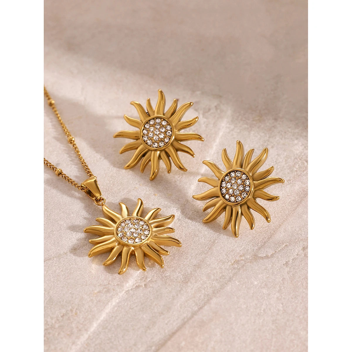 Trendy 18k Gold Plated Stainless Steel Sun Shape Rhinestone Pendant Necklace and Earrings Set Bijoux Femme Waterproof Jewelry