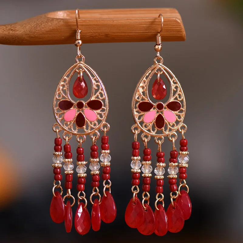 Ethnic Long Acrylic Water Drop Earrings for Women Retro Boho Gold Color Hollow Tassel Earrings Bijoux Femme Accessories