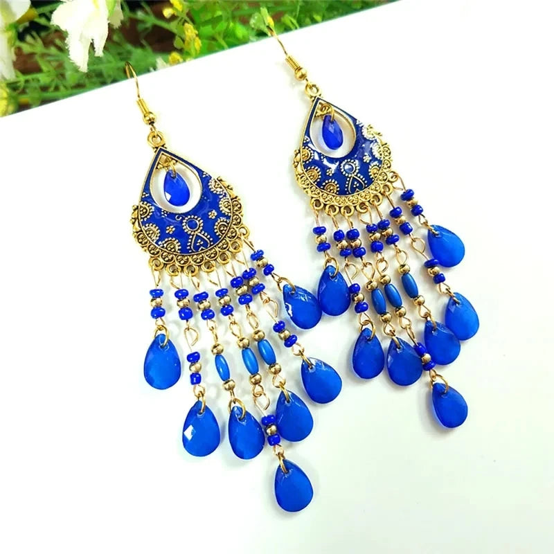 Ethnic Long Acrylic Water Drop Earrings for Women Retro Boho Gold Color Hollow Tassel Earrings Bijoux Femme Accessories