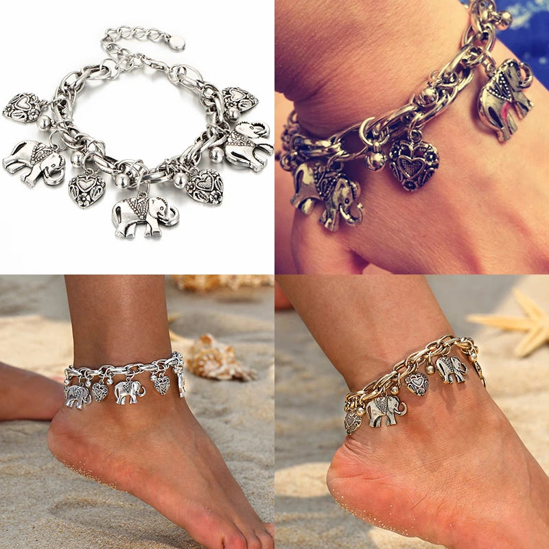 Vintage Elephant Heart Bracelet Bangle For Women Ethnic Chain Bohemian Beach Femme Dual Purpose Jewelry Bracelets Pulseiras Gift