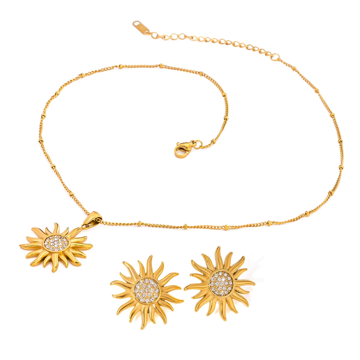 Trendy 18k Gold Plated Stainless Steel Sun Shape Rhinestone Pendant Necklace and Earrings Set Bijoux Femme Waterproof Jewelry