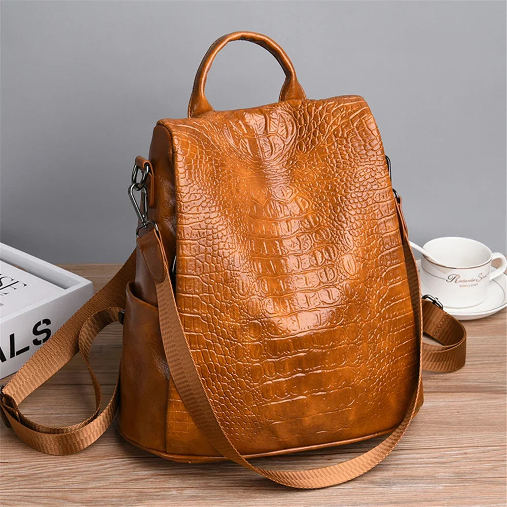 Female Backpack Women Crocodile Pattern Real Pu Leather Anti-Theft Backpack Travel Back Pack Women Shoulder Bags Sac A Dos Femme