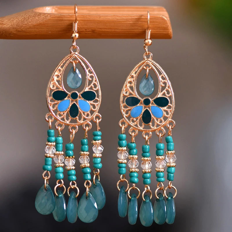 Ethnic Long Acrylic Water Drop Earrings for Women Retro Boho Gold Color Hollow Tassel Earrings Bijoux Femme Accessories