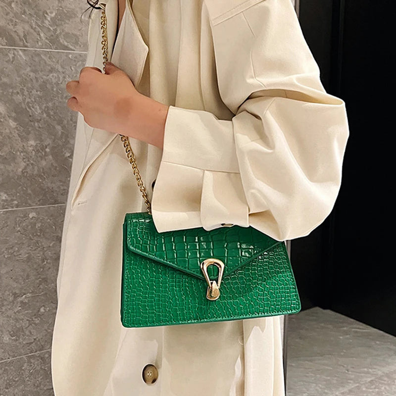 Crocodile Pattern Shoulder Bags For Women Fashion Chains Squre Bag Purse Female Pu Leather Crossbody Handbag Daily Phone Clutch