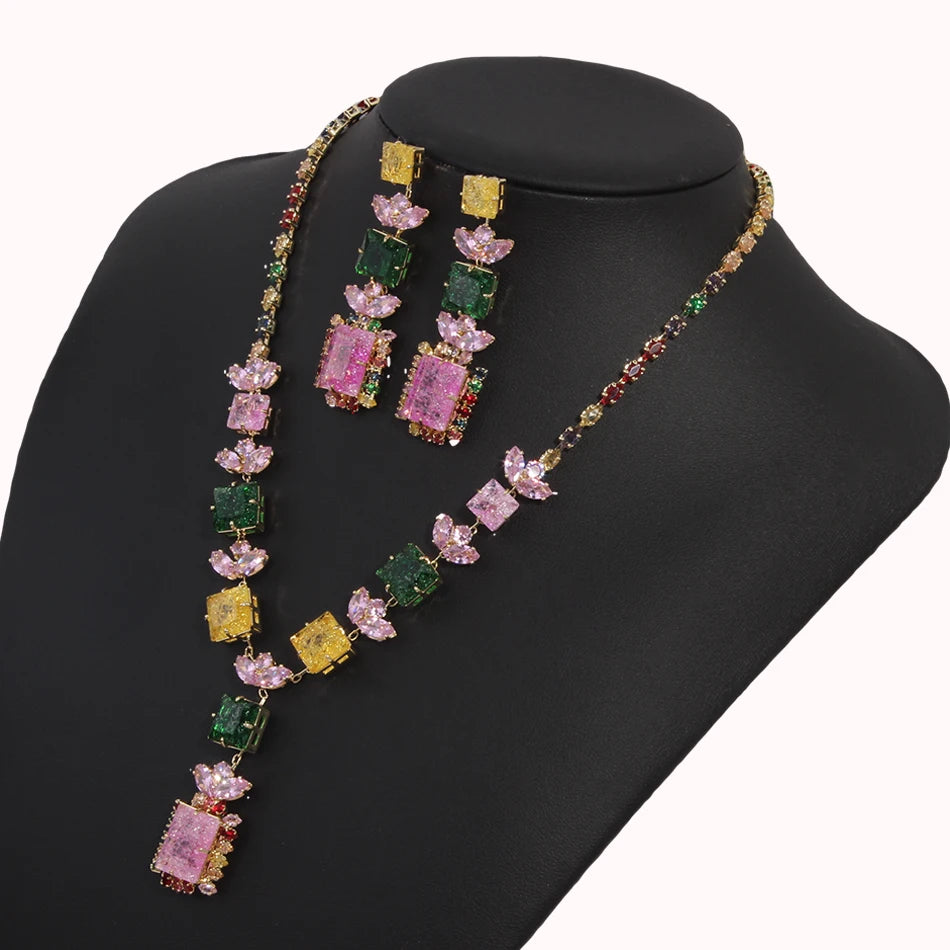 FARLENA Luxury Real Gold Plated Colorful CZ Jewelry Sets for Women Elegant Women's Necklace and Earring Set Accessoires Femme