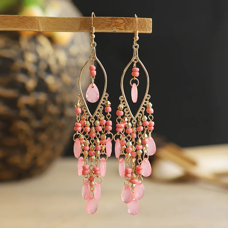 Ethnic Long Acrylic Water Drop Earrings for Women Retro Boho Gold Color Hollow Tassel Earrings Bijoux Femme Accessories