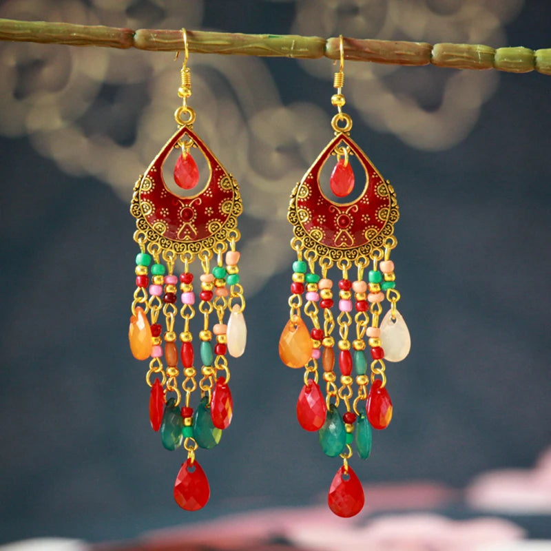 Ethnic Long Acrylic Water Drop Earrings for Women Retro Boho Gold Color Hollow Tassel Earrings Bijoux Femme Accessories