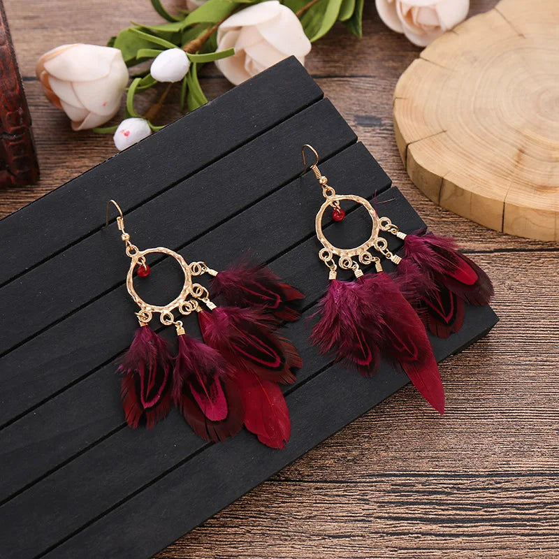 Bohemian Ethnic Purple Feather Earrings for Women Creative Simple Round Beads Gold Color Metal Dangle Earrings Boho Bijoux Femme