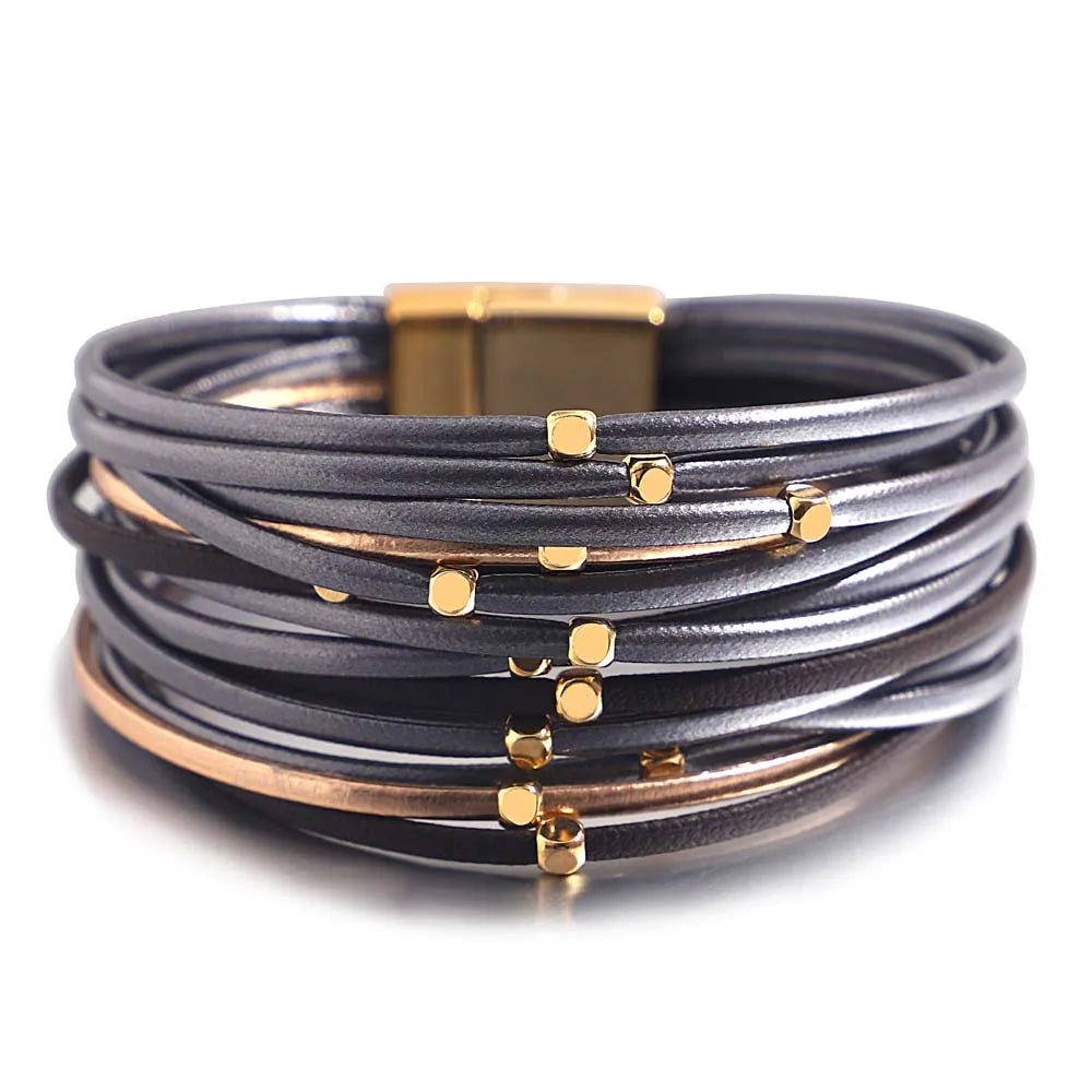 ALLYES Metal Beads Genuine Leather Bracelets For Women Men Fashion Slim Strips Boho Multilayer Wide Wrap Bracelet Femme Jewelry