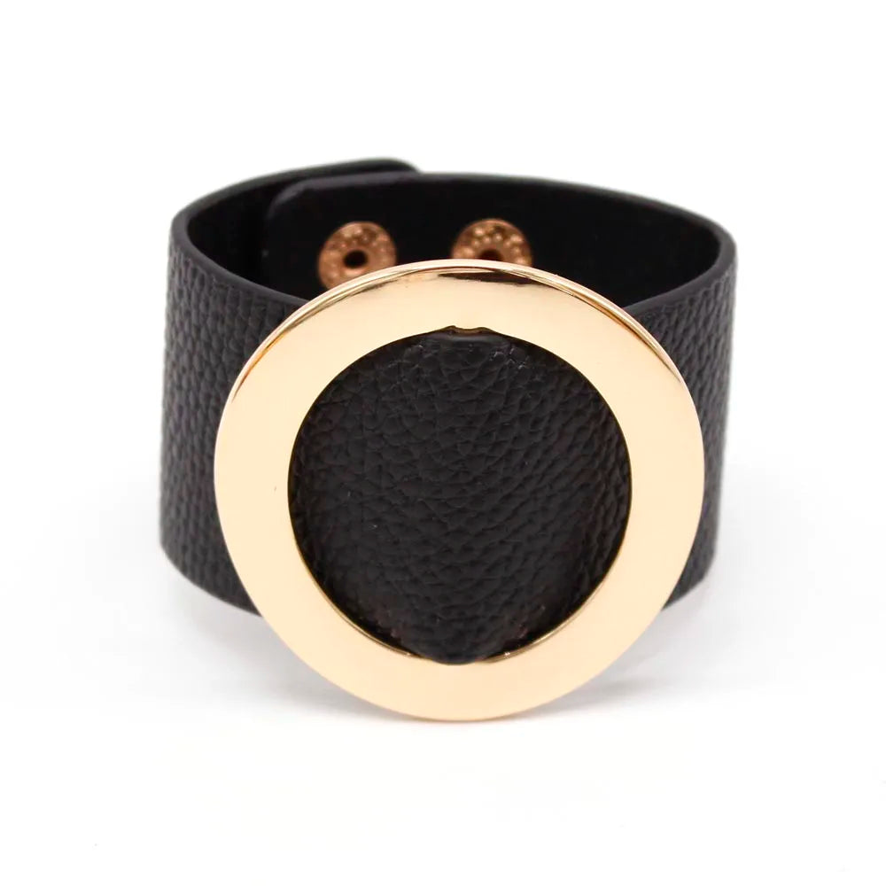 Fashion Brindle Wide Big Circle Leather Bracelet for Women Black White Geometric Metal Bracelet Wrap Charm Jewelry Femme Gift