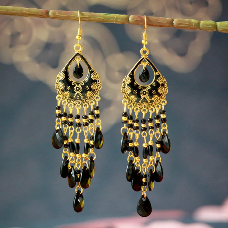 Ethnic Long Acrylic Water Drop Earrings for Women Retro Boho Gold Color Hollow Tassel Earrings Bijoux Femme Accessories