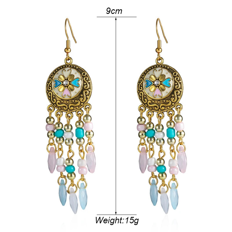 Ethnic Long Acrylic Water Drop Earrings for Women Retro Boho Gold Color Hollow Tassel Earrings Bijoux Femme Accessories