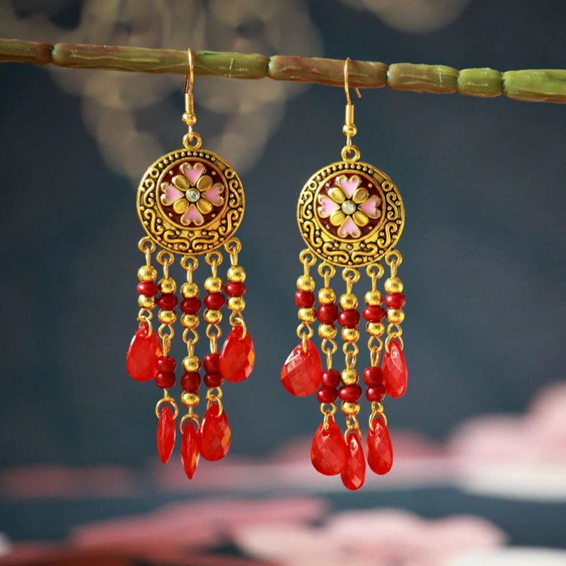 Ethnic Long Acrylic Water Drop Earrings for Women Retro Boho Gold Color Hollow Tassel Earrings Bijoux Femme Accessories