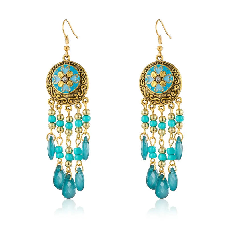 Ethnic Long Acrylic Water Drop Earrings for Women Retro Boho Gold Color Hollow Tassel Earrings Bijoux Femme Accessories