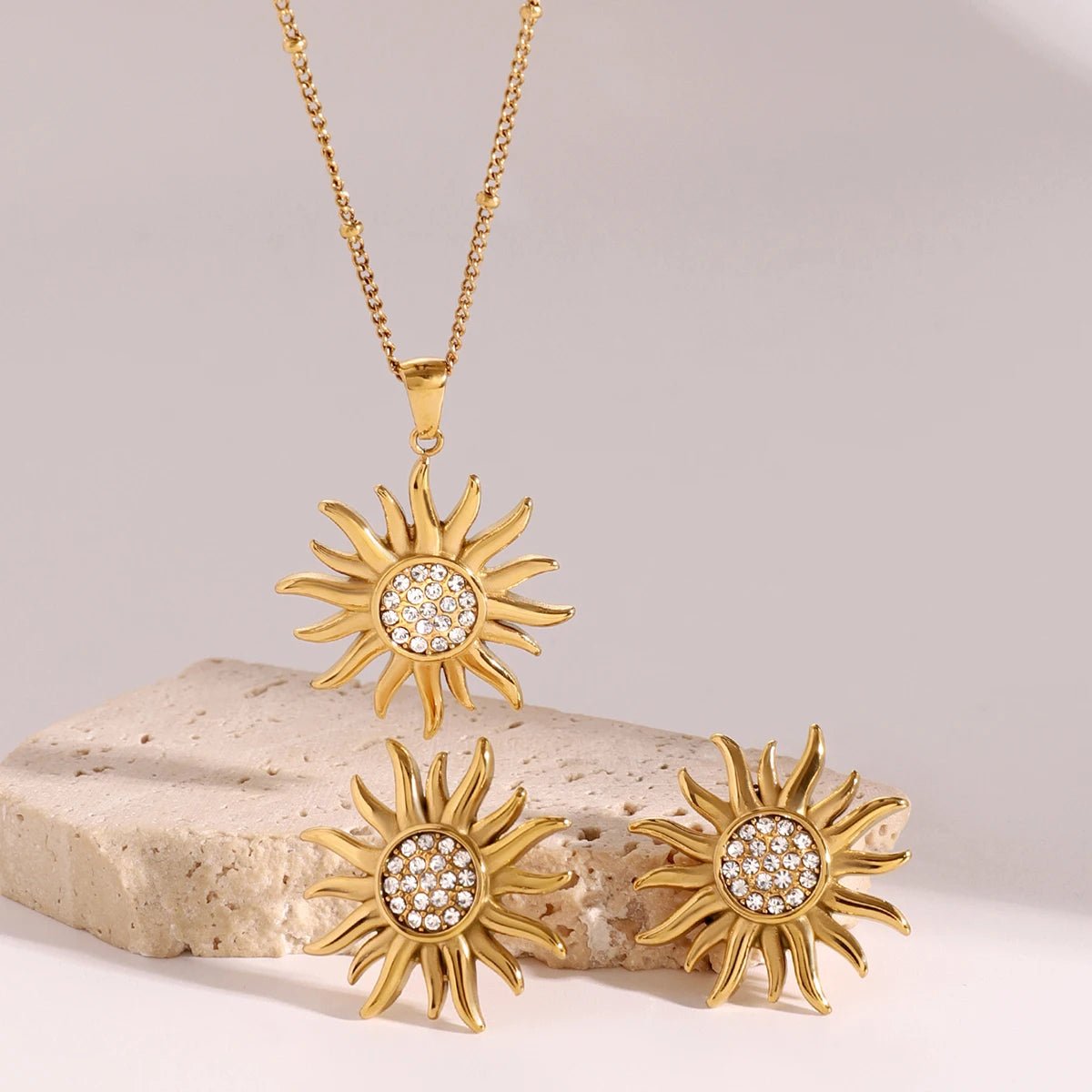 Trendy 18k Gold Plated Stainless Steel Sun Shape Rhinestone Pendant Necklace and Earrings Set Bijoux Femme Waterproof Jewelry